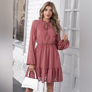 Tacera Swiss Dot Bishop Long Sleeve Lined Mauve Midi Dress  ~ Size Medium